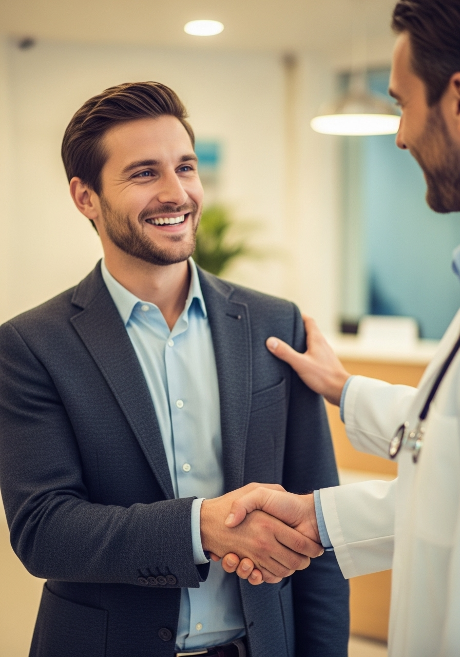 Doctor shaking hands with patient and touching shoulder to give confidence