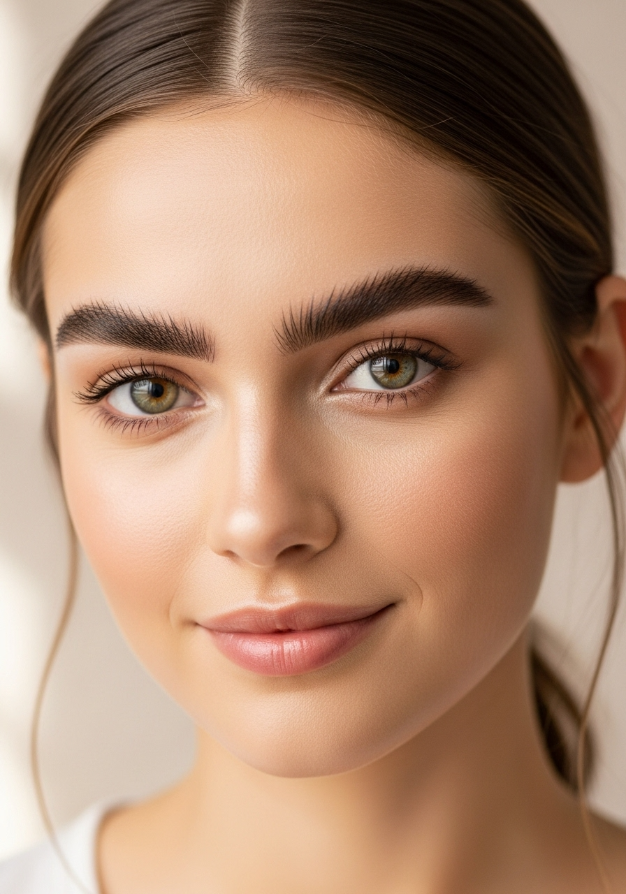 Close-up portrait of a young woman with bright green eyes, smooth skin and prominent, thick eyebrows