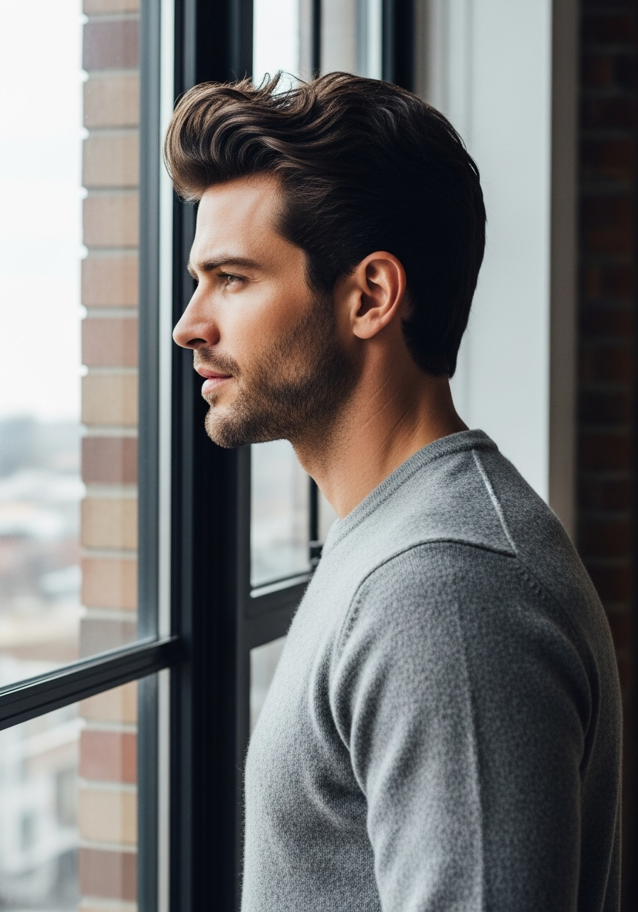 Young male model with modern hair, wearing gray sweater, looking out the window