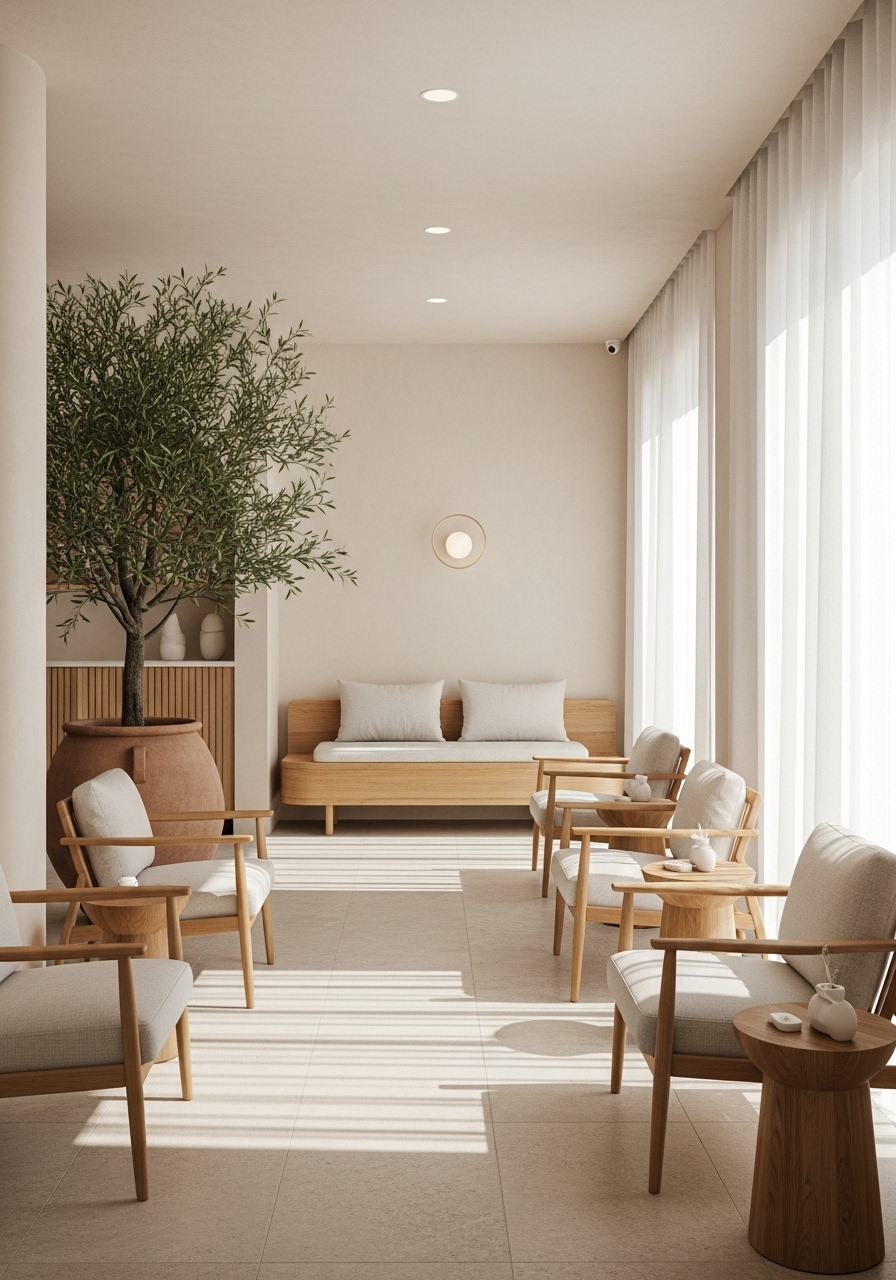Minimalist lobby design in neutral tones, wooden furniture, olive tree and natural lighting