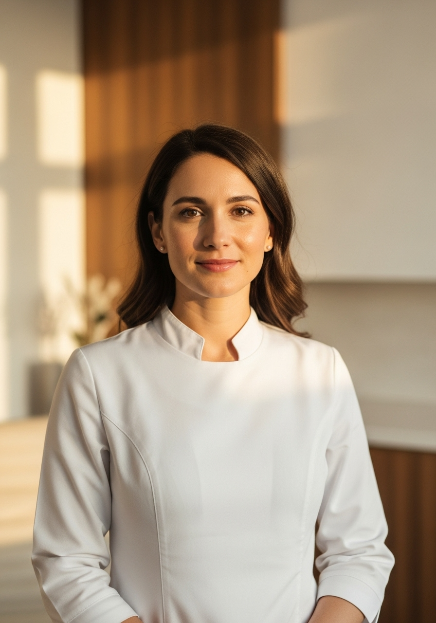 Portrait of a smiling young professional woman in white uniform, taken in a modern and bright environment. Doctor, aesthetician or spa specialist