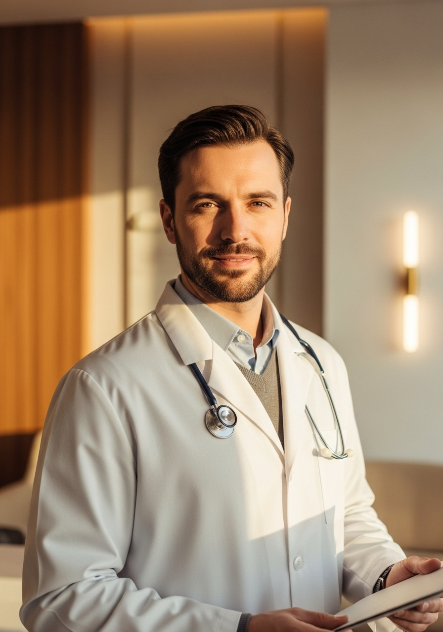 Professional male doctor portrait in white coat with stethoscope, smiling