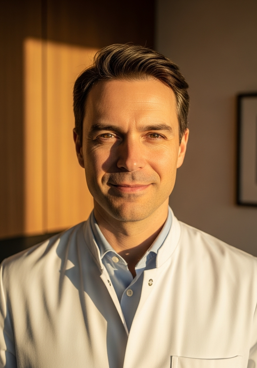 Confident, smiling male doctor portrait, white coat and professional clinical environment