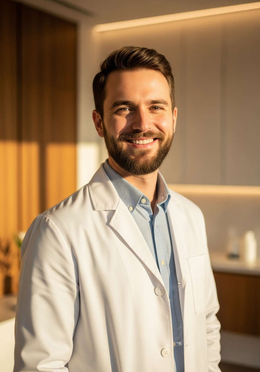 Confident, smiling young male doctor portrait in white coat