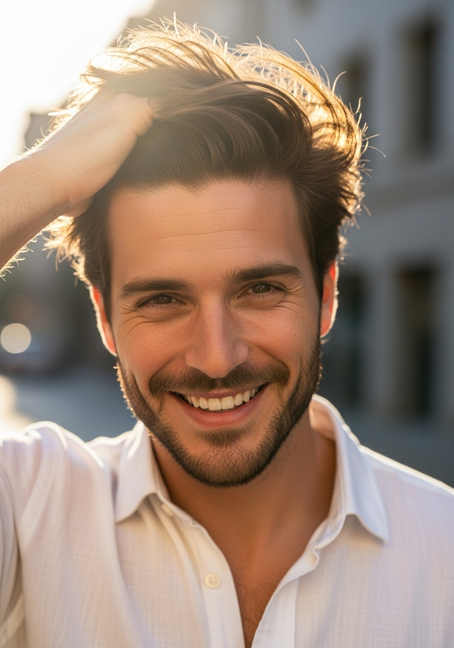Portrait photo of a young bearded man in white shirt, illuminated by backlight, smiling cheerfully at the camera