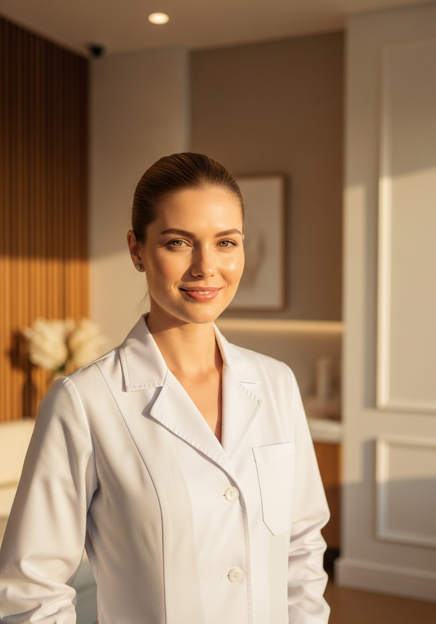 Smiling female aesthetic expert or doctor in white coat, in modern clinic environment
